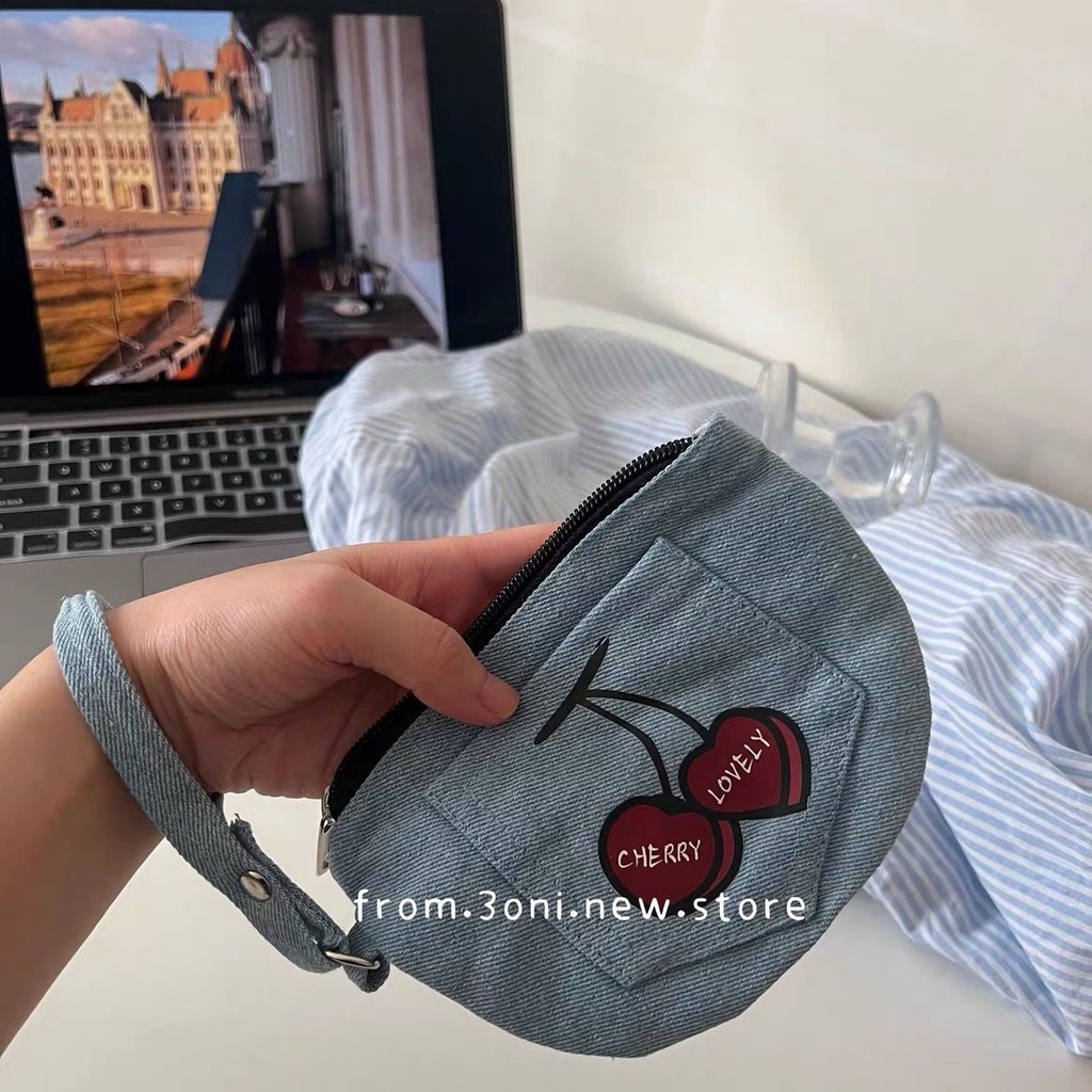 Ví Vải denim Đựng Tiền Xu Màu Xanh cherry Xinh Xắn
