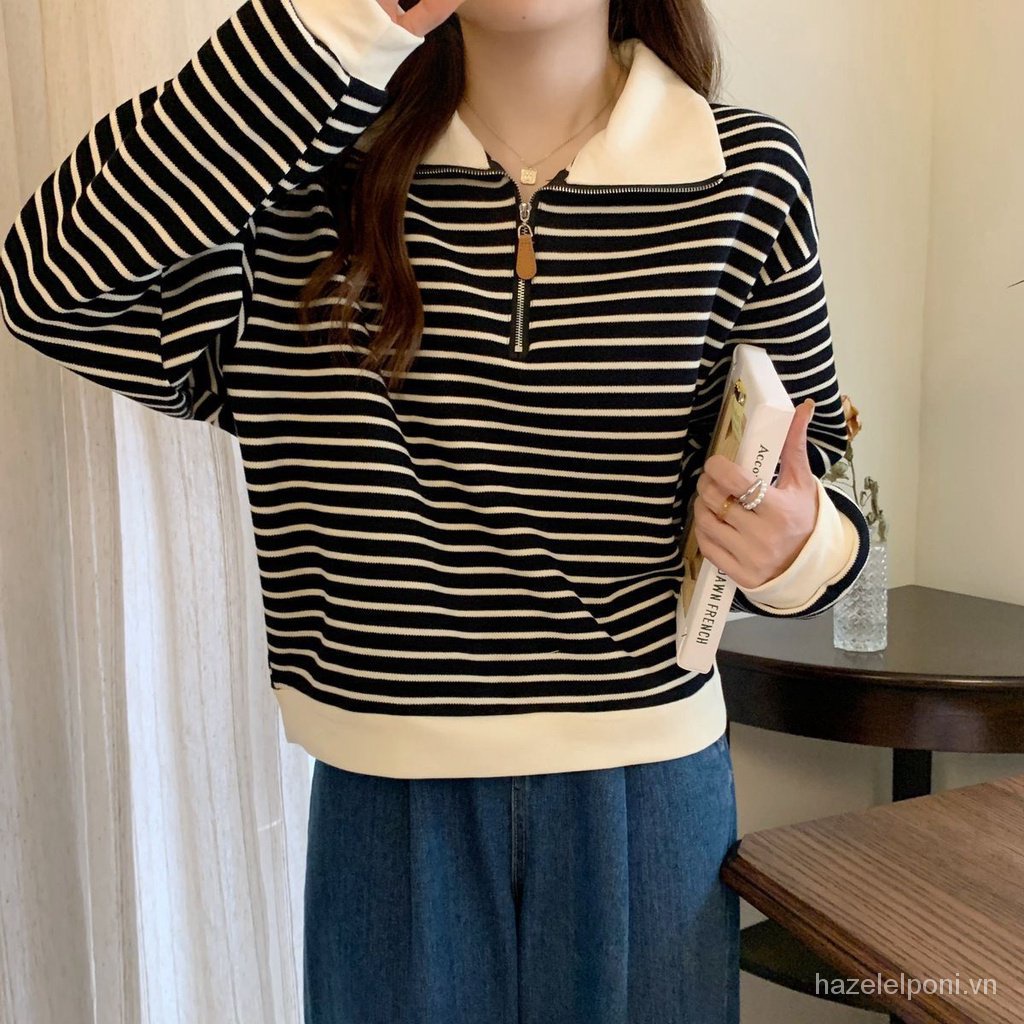 Áo Thun polo Tay Dài Hở Vai Có Khóa Kéo Dáng Rộng Phong Cách Mỹ Thời Trang Mùa Thu Hàng Mới Dành Cho Bạn Nữ