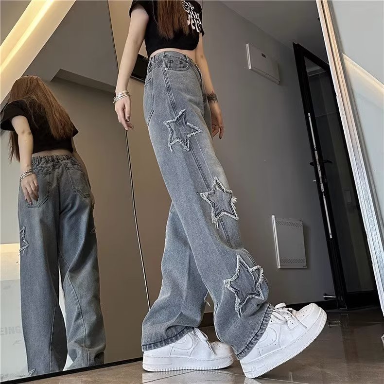 Daduhey Quần Jean Dài Ống Rộng Dáng Suông Thêu Ngôi Sao Màu Xanh Dương Cho Nữ