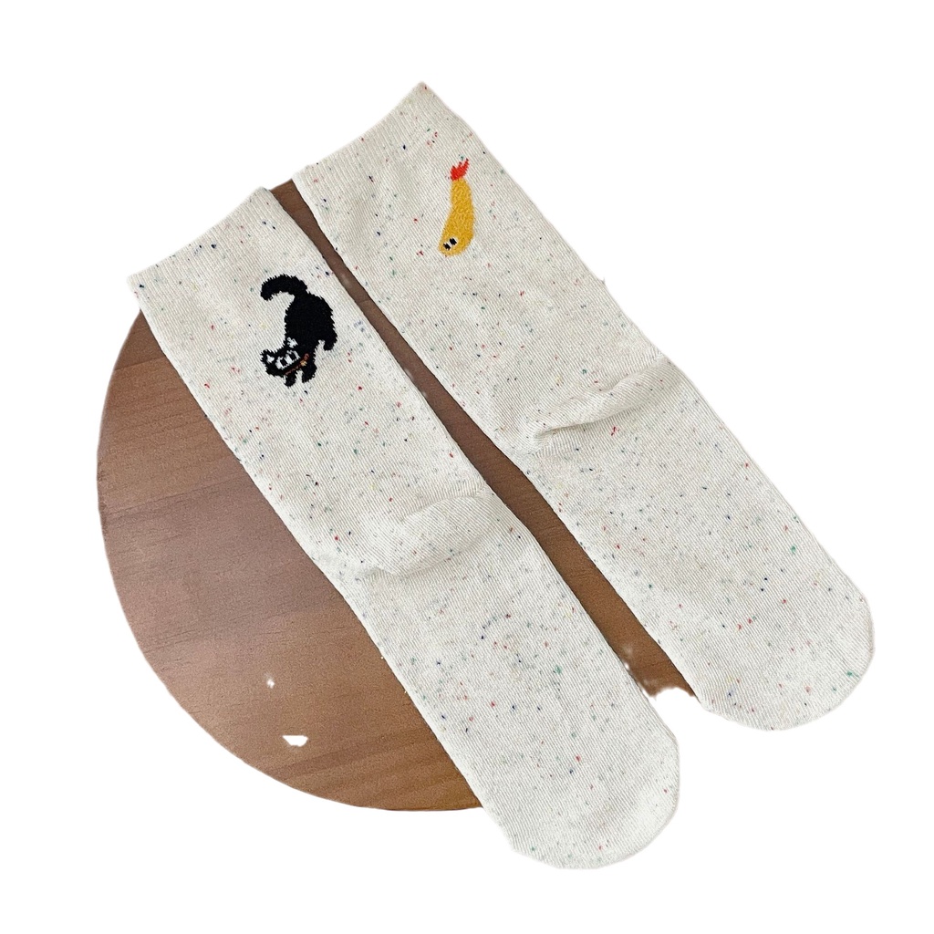 Vớ Màu Trơn Thêu Hình Mèo Ăn Cá Phong Cách Đường Phố Hàn Quốc Dễ Phối Đồ