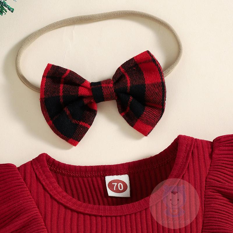 Bộ Áo Liền Quần Tay Dài Cổ Tròn Họa Tiết Kẻ Sọc Đính Nơ Kèm Băng Đô Cài Tóc Xinh Xắn Cho Bé Gái Laa