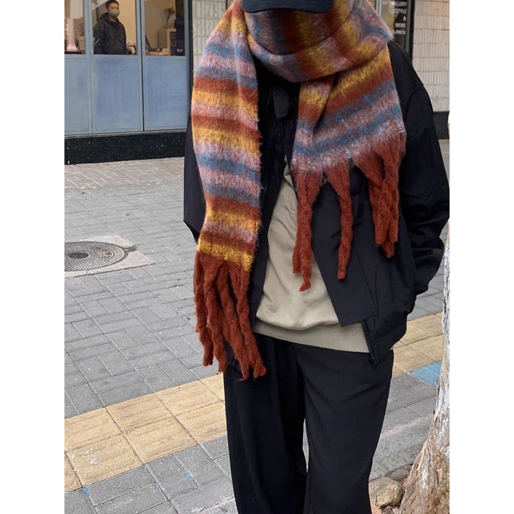 Khăn Choàng Cổ Dày Kẻ Sọc Màu Sắc Ấm Áp Dễ Phối Đồ Thời Trang Thu Đông Phong Cách Hàn Quốc Cho Nữ