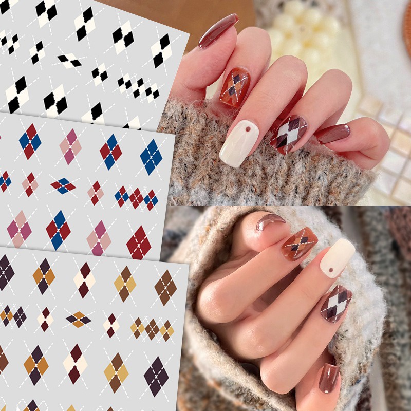 Miếng Dán Trang Trí Móng Tay Họa Tiết Kẻ Ô 5d diy