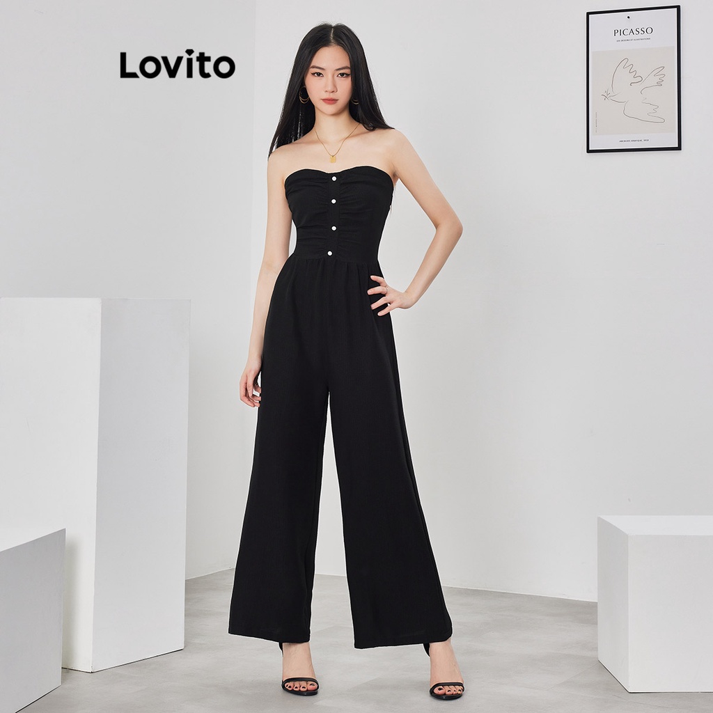 Áo liền quần Lovito phối nút xếp ly màu trơn thường ngày cho nữ L62ED177