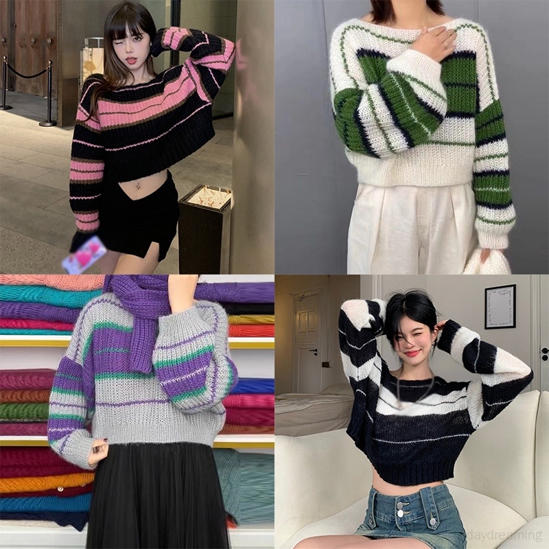 Áo croptop Dệt Kim Trễ Vai Tay Dài Hoạ Tiết Kẻ Sọc Thời Trang Mùa Thu Cho Phái Nữ