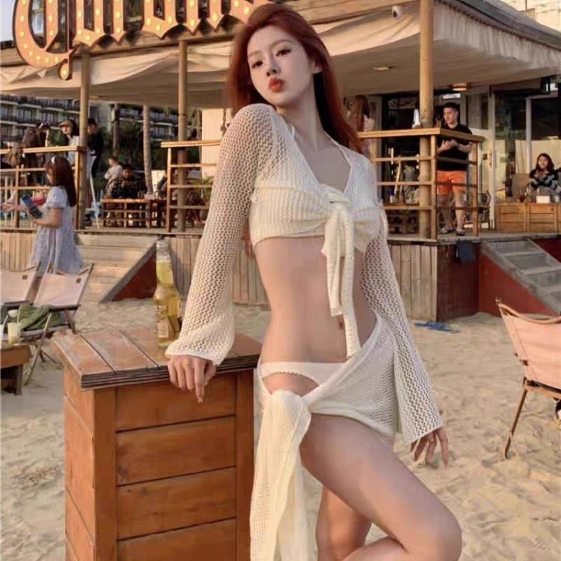 Bộ Đồ Bơi bikini Bốn Mảnh Tay Dài Xẻ Tà Kiểu Hàn Quốc Gợi Cảm Cho Nữ | BigBuy360 - bigbuy360.vn