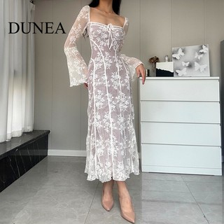 DUNEA Đầm Đuôi Cá Cổ Vuông Phối Ren Quyến Rũ Thời Trang Dành Cho Nữ