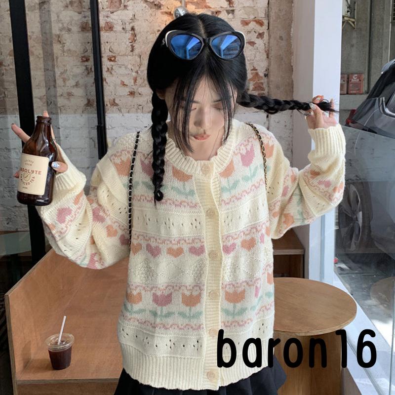 Áo cardigan Dệt Kim Tay Dài Cổ Tròn In Họa Tiết Hoa / Trái Tim Xinh Xắn Thời Trang Mùa Thu Cho Nữ