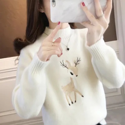 Banfamy Áo sweater Cổ Lọ Thêu Họa Tiết Hoạt Hình Dễ Phối Đồ Thời Trang Mùa Đông Cho Nữ