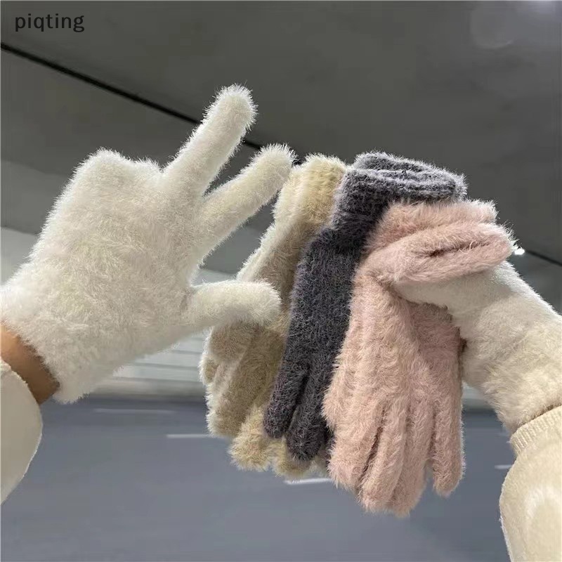 Piqt Găng Tay Nhung San Hô Dày Dặn Thoáng Khí Không Ngón Màu Trơn Chống Lạnh Phong Cách Hàn Quốc