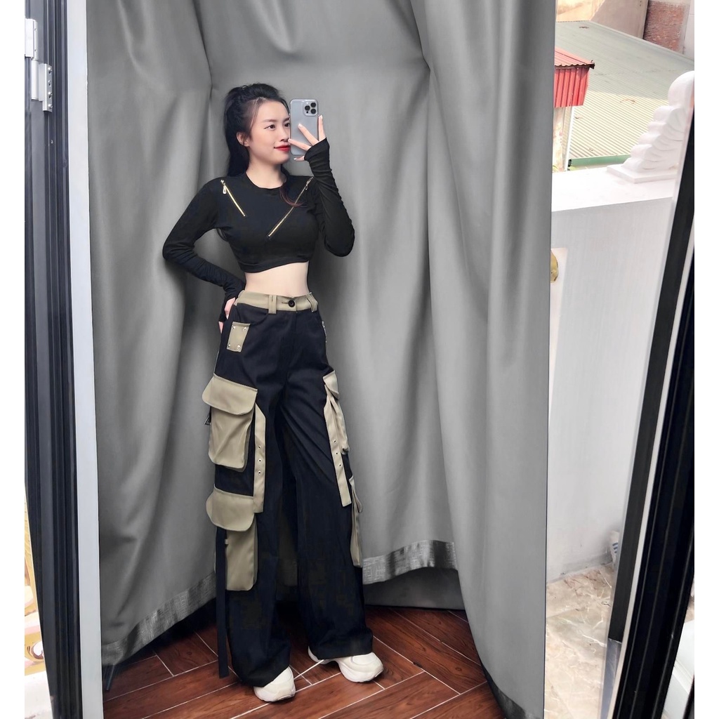 Set áo ngắn khóa chéo quần xuông túi hộp SD21