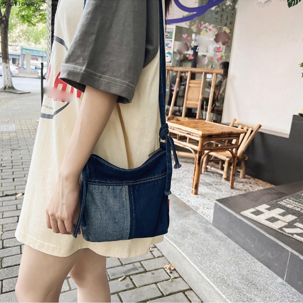 Túi Đeo Chéo Vải denim Mềm Màu Xanh Dương Có Dây Đeo Thời Trang Cho Nữ