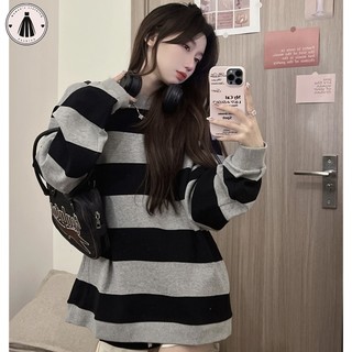 Áo thun sọc cổ điển áo chui đầu cổ tròn dáng rộng dành cho nữ