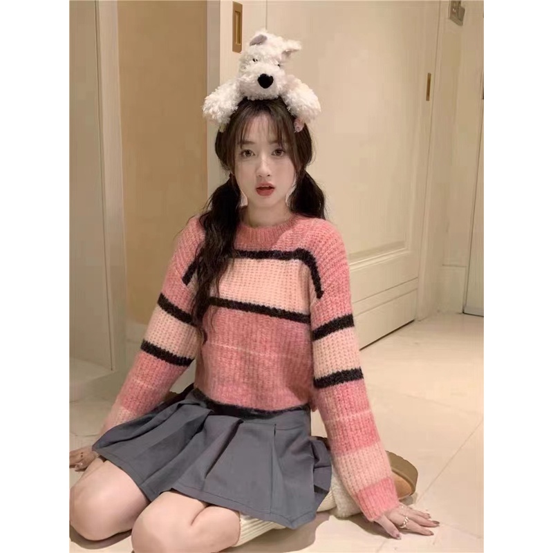 Áo sweater Dệt Kim Tay Dài Mềm Mại Họa Tiết Kẻ Sọc Thời Trang Mùa Thu Nhật Bản 2023