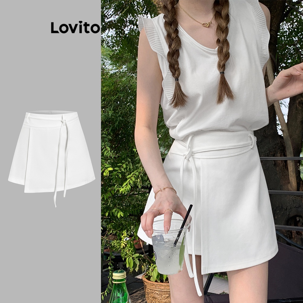 Quần short Lovito khóa sau lưng cột dây có túi màu trơn thường ngày cho nữ L61AD110 (màu trắng)