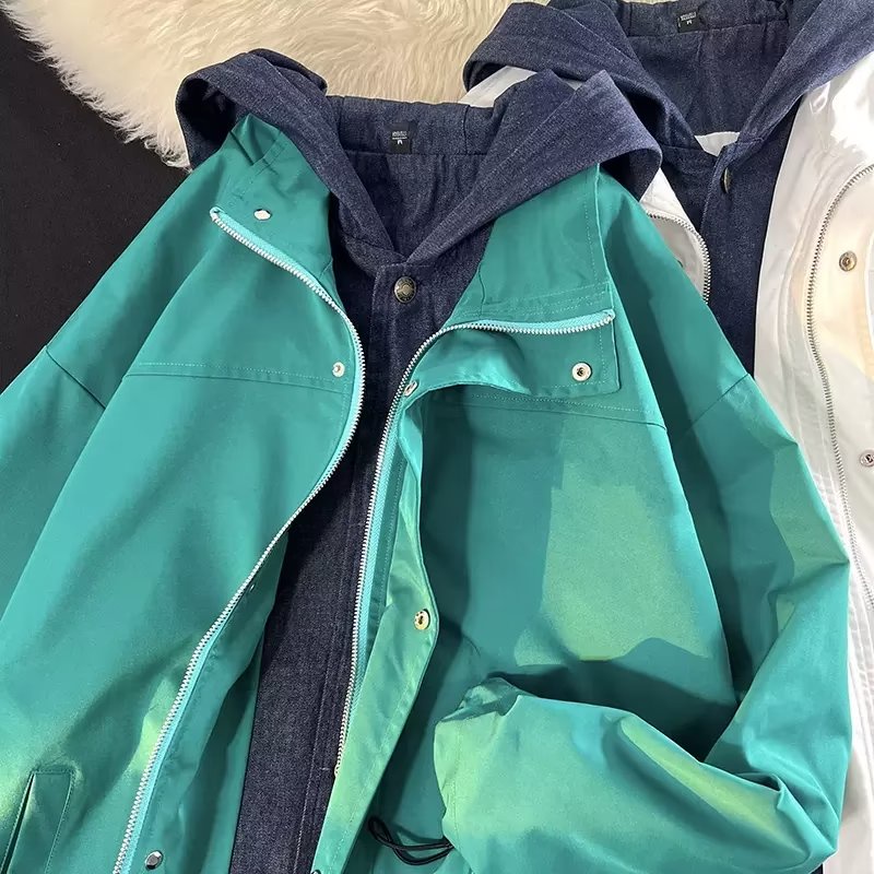 Áo Khoác denim Giả Hai Lớp form rộng unisex Phong Cách Hàn Quốc Thời Trang áo khoác jacket Xuân Thu Cao Cấp Áo giả hai lớp áo khoác dù 2 lớp