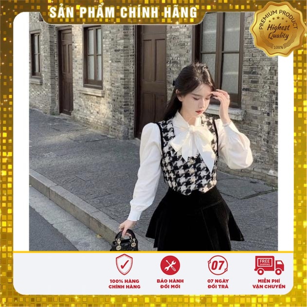VS21 Vivi Shop Set Dạ 2 Món Áo Gile Kẻ Liền Sơ Mi Trong Siêu Dễ Thương phong Cách Hàn Quốc Có Ảnh Thật