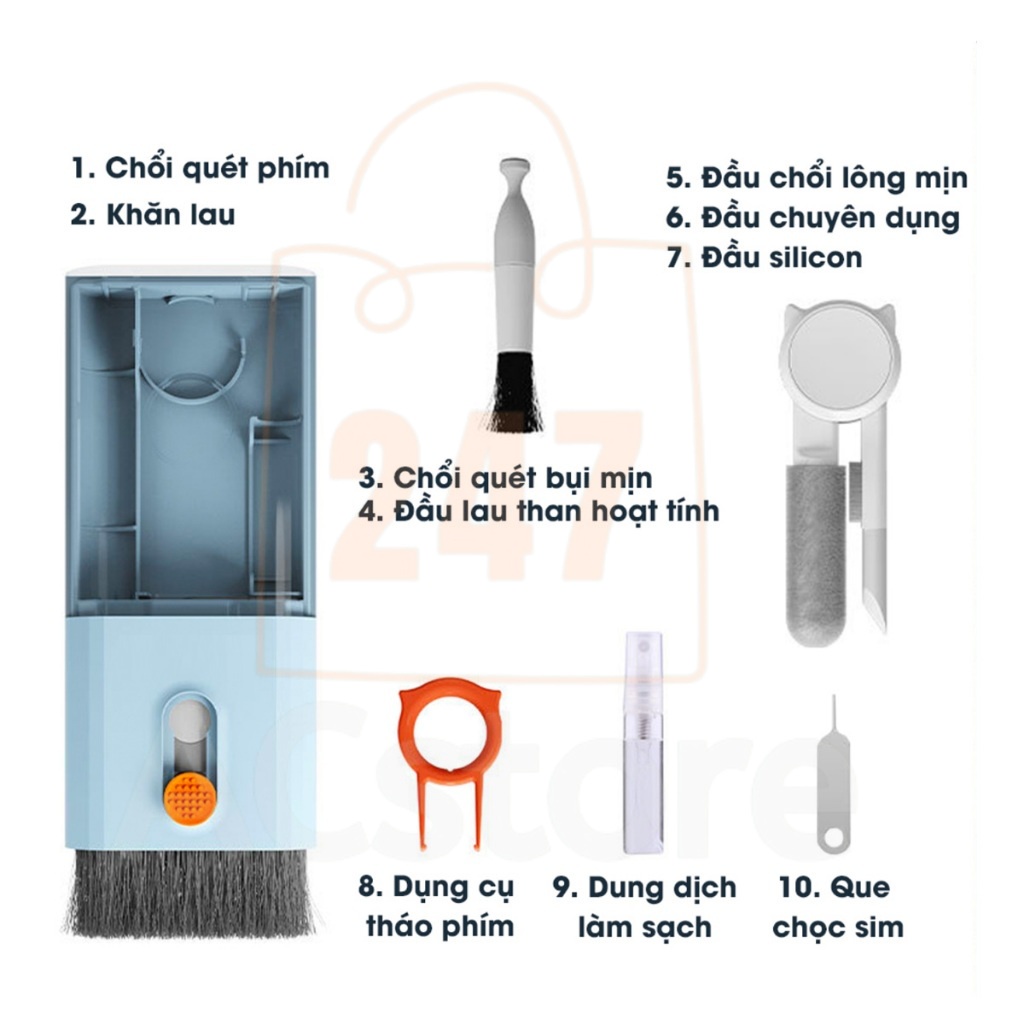 Bình xịt vệ sinh làm sạch màn hình điện thoại - Bộ dụng cụ vệ sinh Laptop Bàn phím Tai nghe đa năng 10in1 ACSTORE247