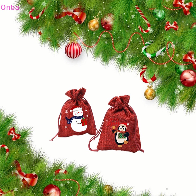 Túi Đựng Kẹo Bằng Vải Lanh Màu Đỏ Có Dây Rút Trang Trí Giáng Sinh Năm Mới Vnba merry christmas