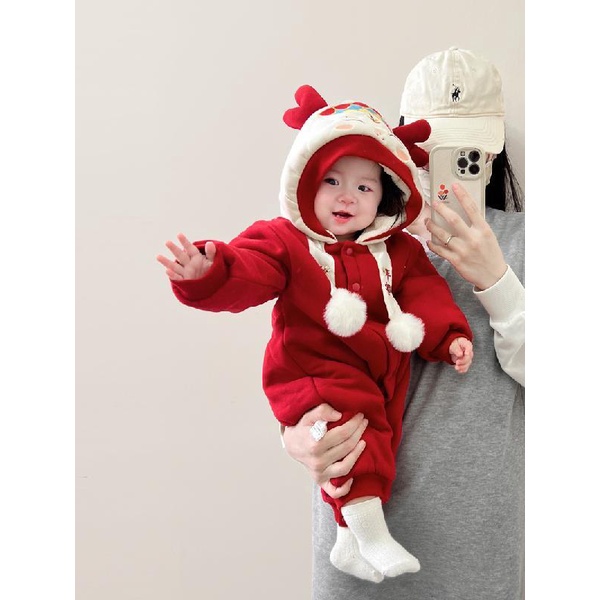 Áo Liền Quần Có Nón Bằng Vải cotton Dày Ấm Áp Mừng Năm Mới Cho Bé
