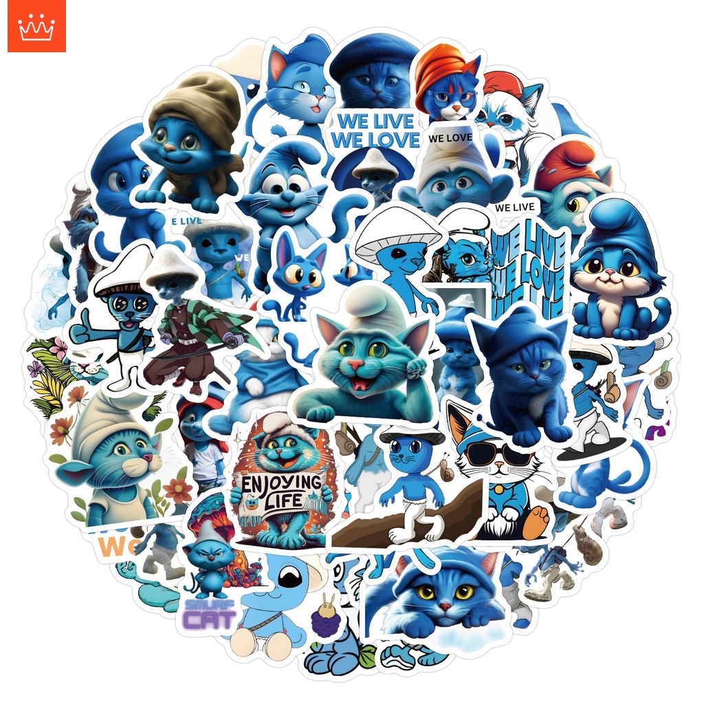 J· Hình Dán Chống Nước Smurf Cat Phim Hoạt Hình Mũ Bảo Hiểm Máy Tính Xách Tay Hành Lý Dán Thiết Lập, 64 tờ