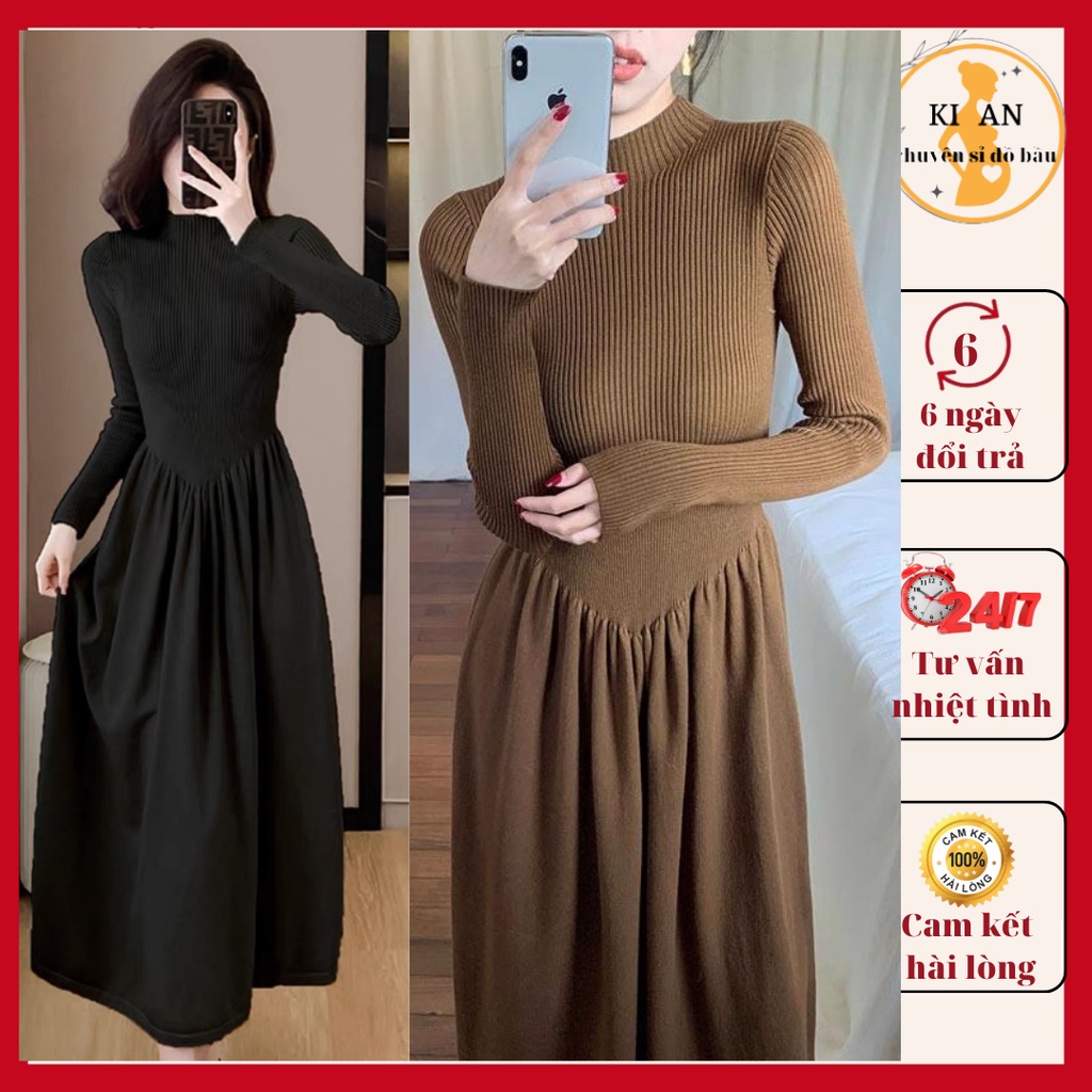 Váy bầu mùa đông KI AN, váy bầu len cao cấp QC dày dặn ấm áp, mẹ bầu mặc thỏa mái free size 43~68kg