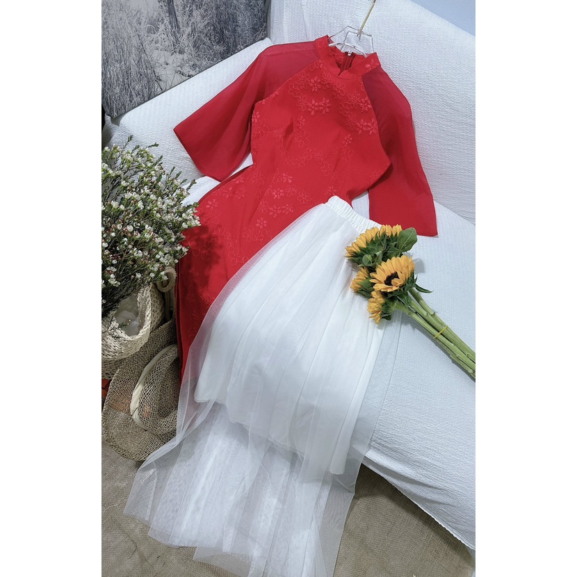 Sét Áo Dài Cách Tân Chất Liệu Gấm Hoa Nổi Kèm Chân Váy Lưới Xòe Dài | ROSE CLOTHING D0850