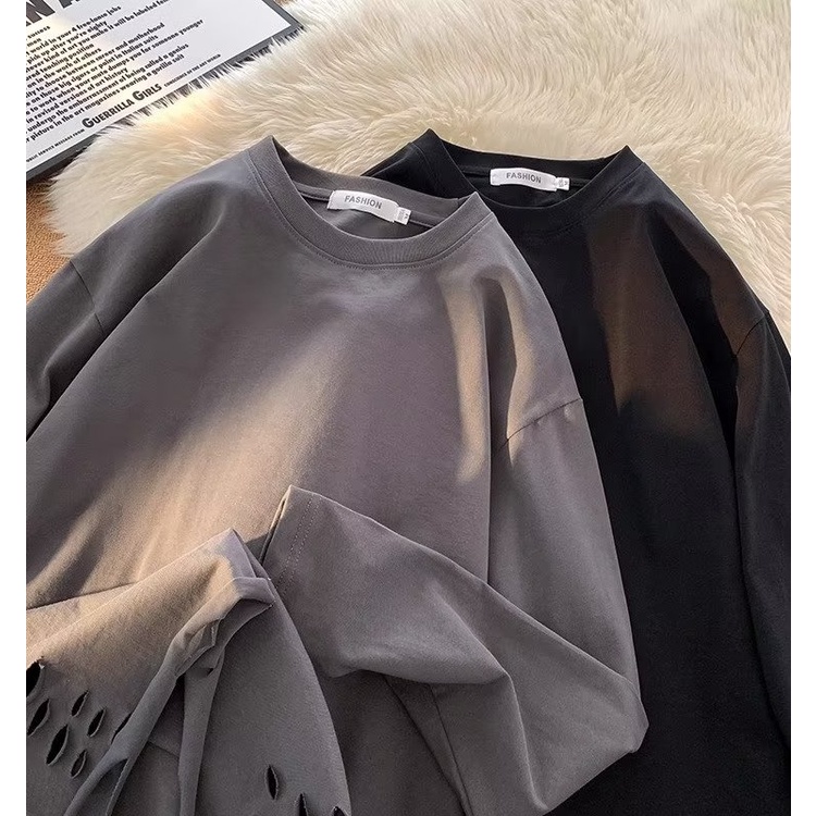 Áo Thun cotton Dài Tay Phối Rách Thời Trang Mùa Thu Cho Nam