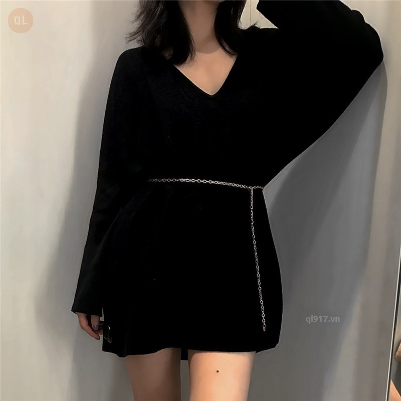Thời Trang Đầm mini Phối Dây Xích Thắt Lưng Thiết Kế Xinh Xắn Cho Nữ