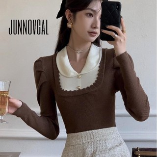 Áo thun nữ JUNNOVGAL Đan màu sắc tương phản giản dị Phong cách mới cổ dài tay Slim Fit