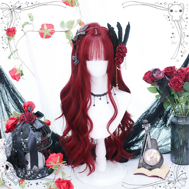 Wig Lolita Curly Hair Full-Head Wig Female Artificial Natural Face Repair Jk Wine Red Long Hair Burning 」