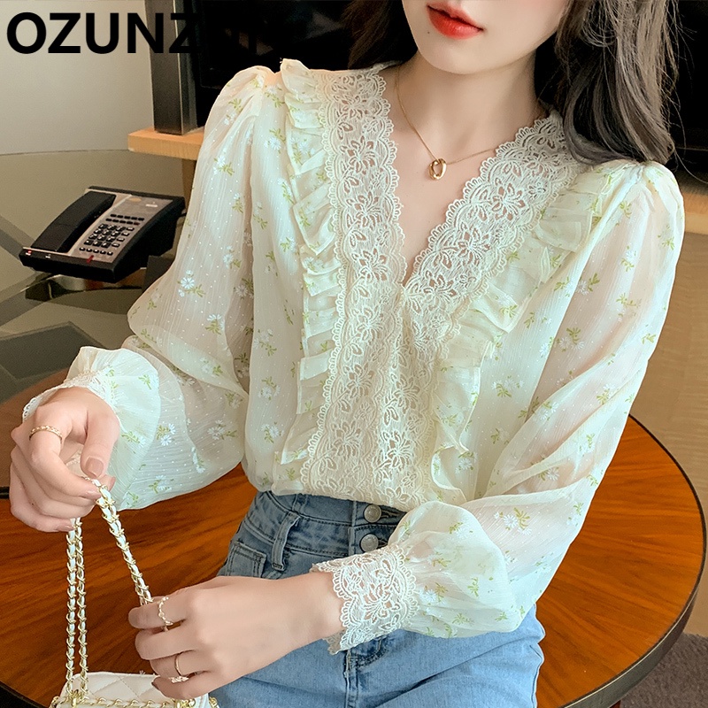 Áo Chiffon Tay Dài Phối Ren Hoa Ozunzun 8159