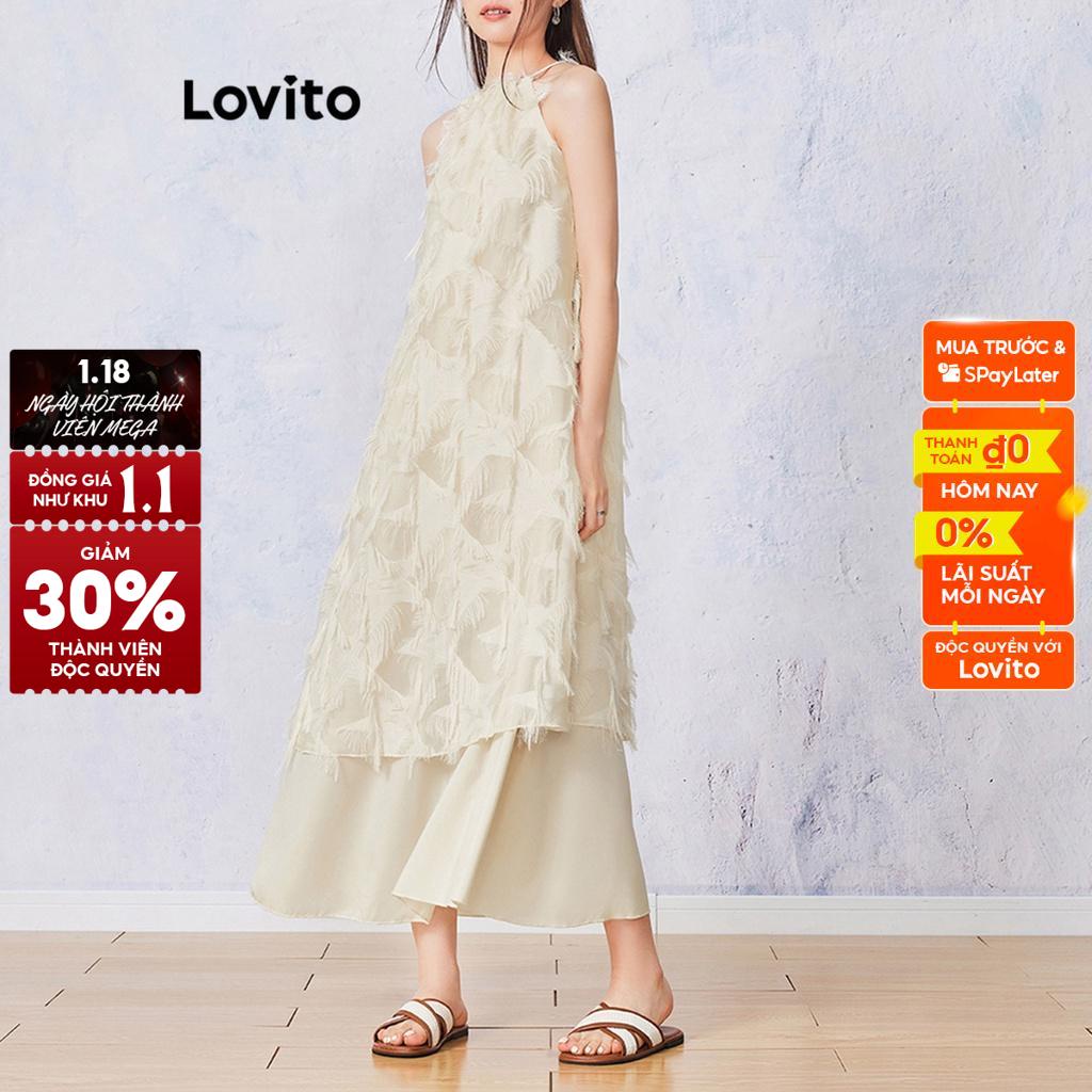 Đầm LOVITO phối lông vũ buộc dây sau lưng màu trơn boho cho nữ L53AD104 