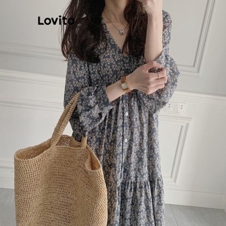 Đầm Lovito hoa nhí cài nút thường ngày cho nữ LNA19115 (màu xanh dương)