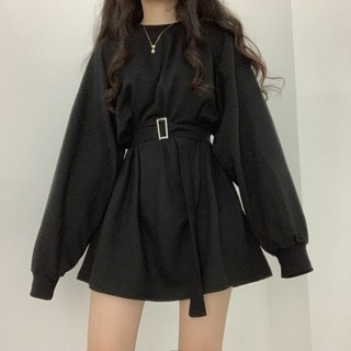 Hàng Có Sẵn Giao Hàng Nhanh Chóng #Ladies Đầm Nỉ Dài Vừa Màu Đen Phong Cách Hàn Quốc Hong Kong Thời Trang Thu Đông