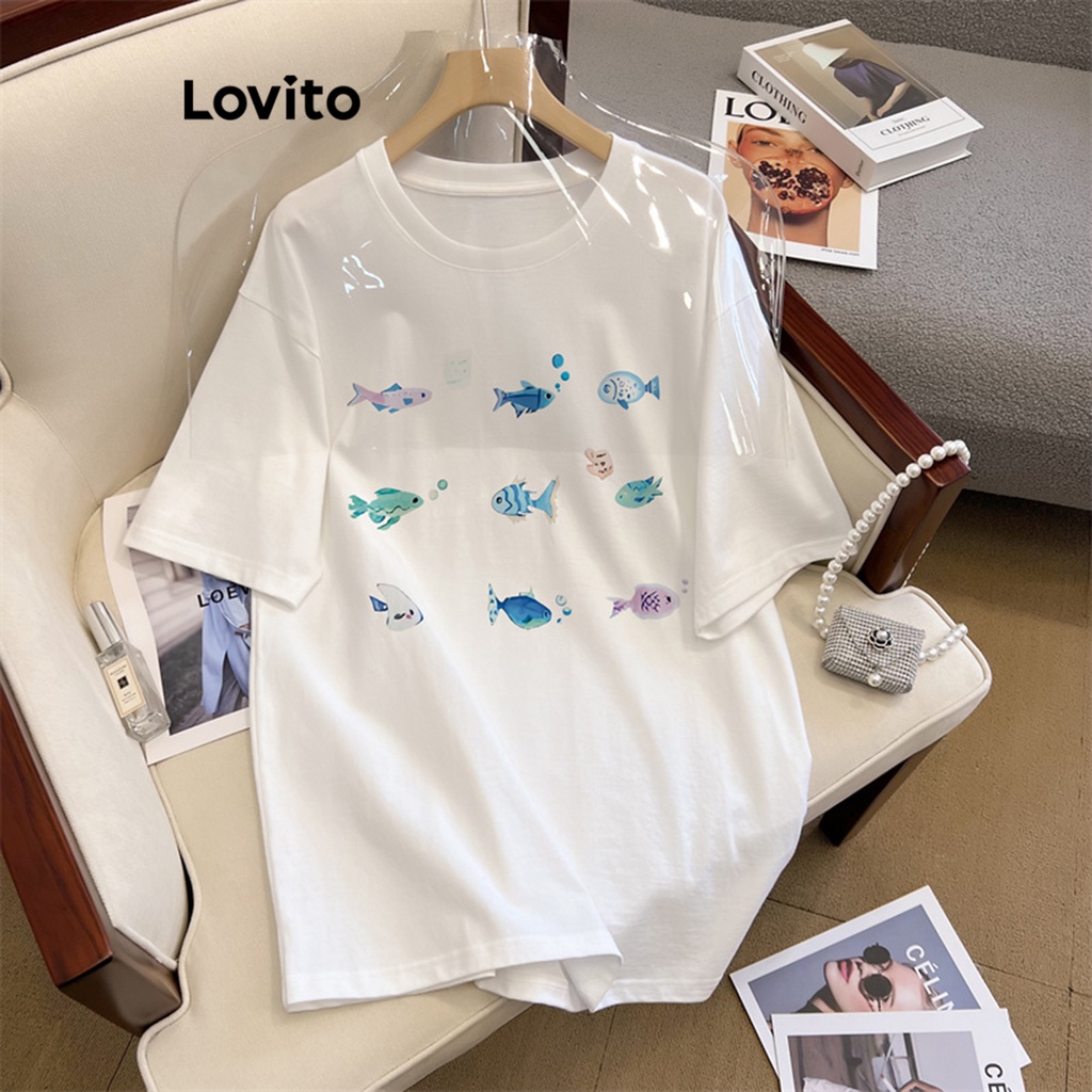 Áo thun Lovito ngoại cỡ hoạt hình thường ngày cho nữ LNE21039 (Màu trắng)