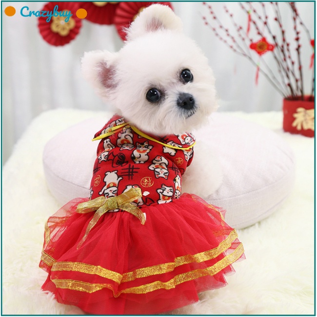 Cr Đầm Họa Tiết Mèo May Mắn Phong Cách Trung Hoa Mềm Mại Thoải Mái Cho Thú Cưng