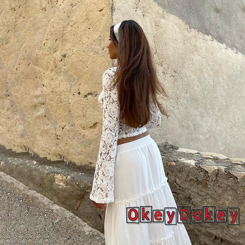 Áo Kiểu Tay Dài Cổ Phối Ren Hoa Và Nơ Phía Trước Thời Trang Cho Nữ