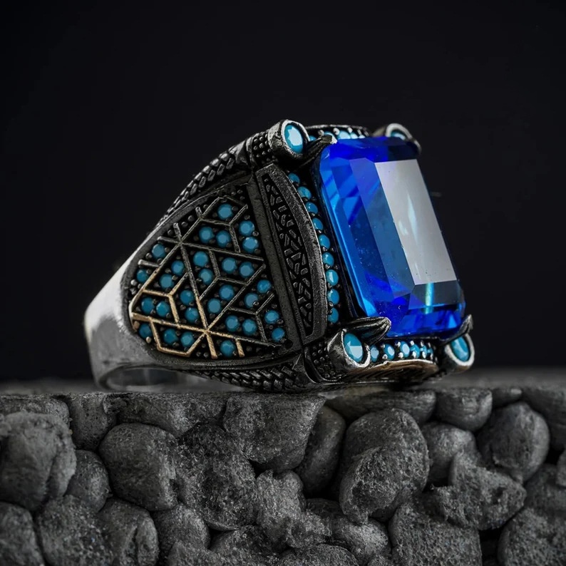 Nhẫn Kim Loại Mặt Vuông Đính Đá zircon Màu Sắc retro Cho Nam