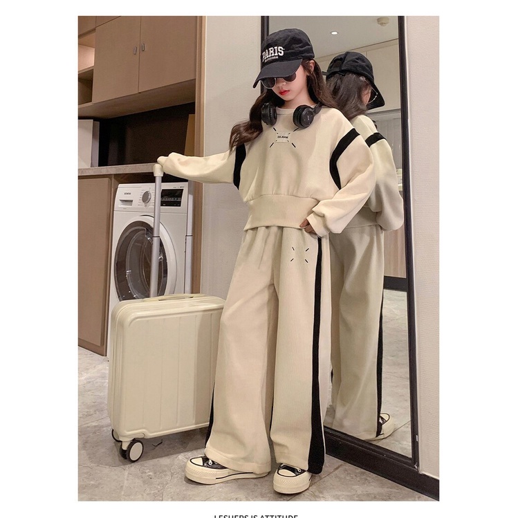 IQ Angel  set Áo Sweater Tay Dài Dáng Rộng Phối Quần ống rộng Màu Sắc Tương Phản Thời Trang Thu Đông Cho Bé Gái Trung Niên