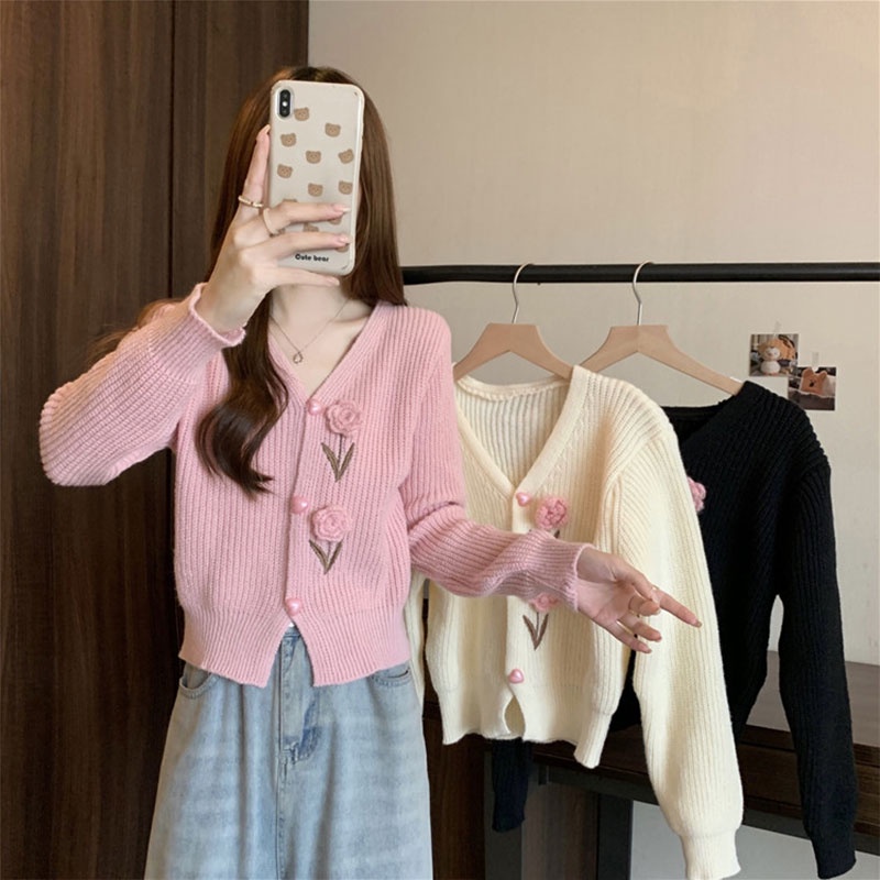 Áo Khoác cardigan Dệt Kim Cổ Chữ v Dáng Rộng Phong Cách retro Dành Cho Nữ