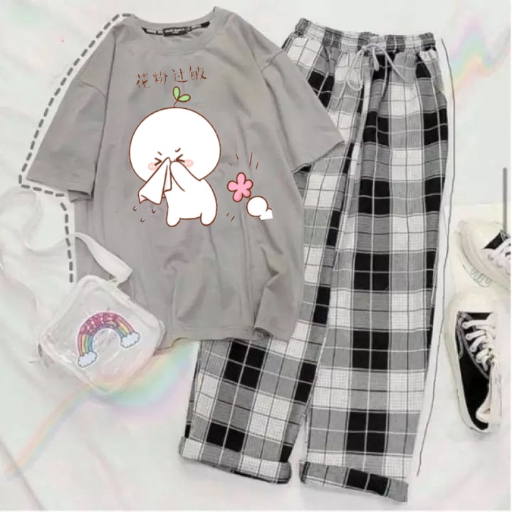 SÉT ÁO MẦM LÁ KHÓC KÈM QUẦN KẺ RẤT DỄ THƯƠNG