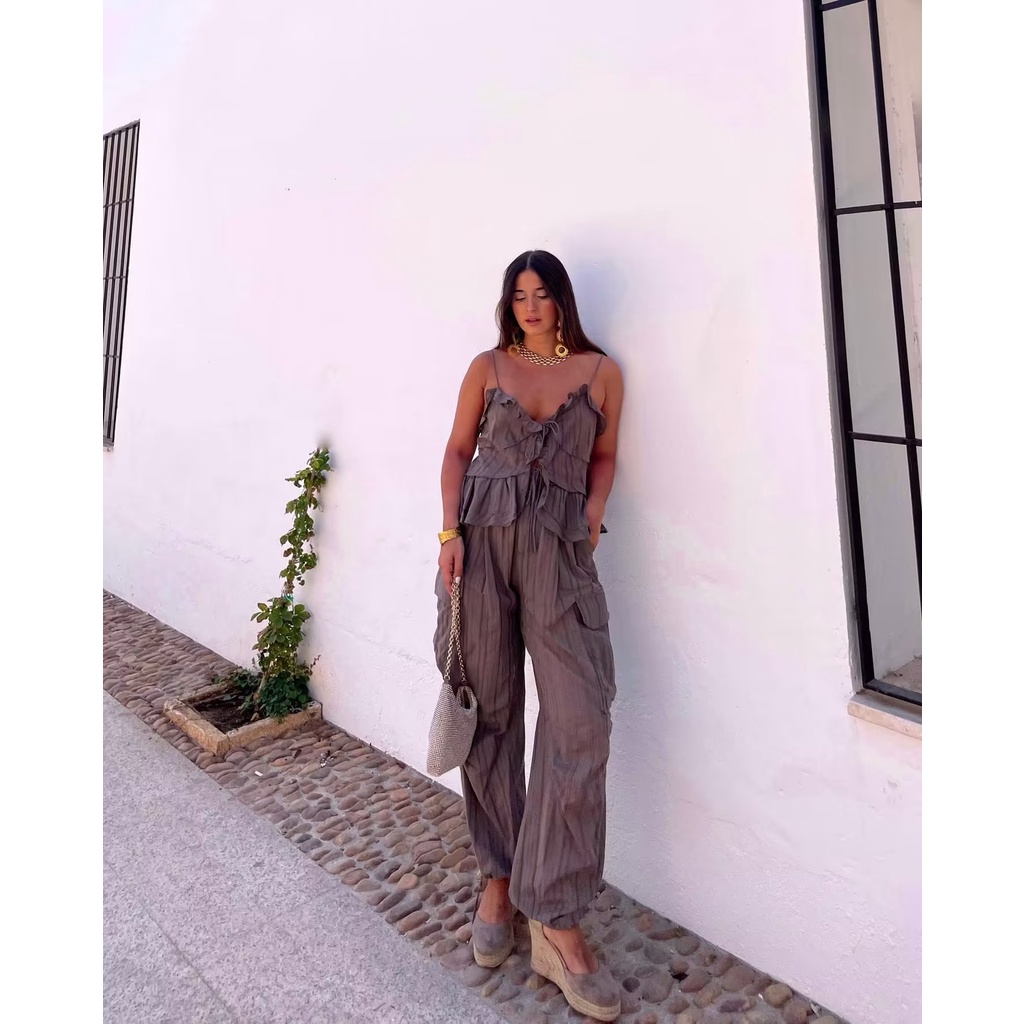 Zara Bộ Áo Lót Nhiều Lớp + Quần Yếm Lưng Cao Thời Trang Mùa Thu Cá Tính7896607 7770607