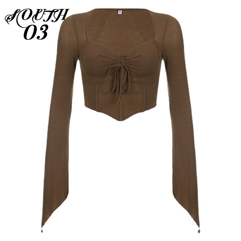 Áo Thun Dài Tay Cổ Chữ V Phối Dây Rút Màu Sắc Thời Trang Cho Nữ