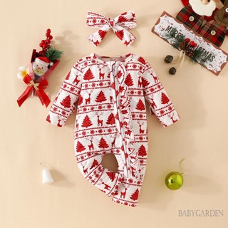 Set áo liền quần tay dài + băng đô cài tóc hoạ tiết giáng sinh cho bé gái
