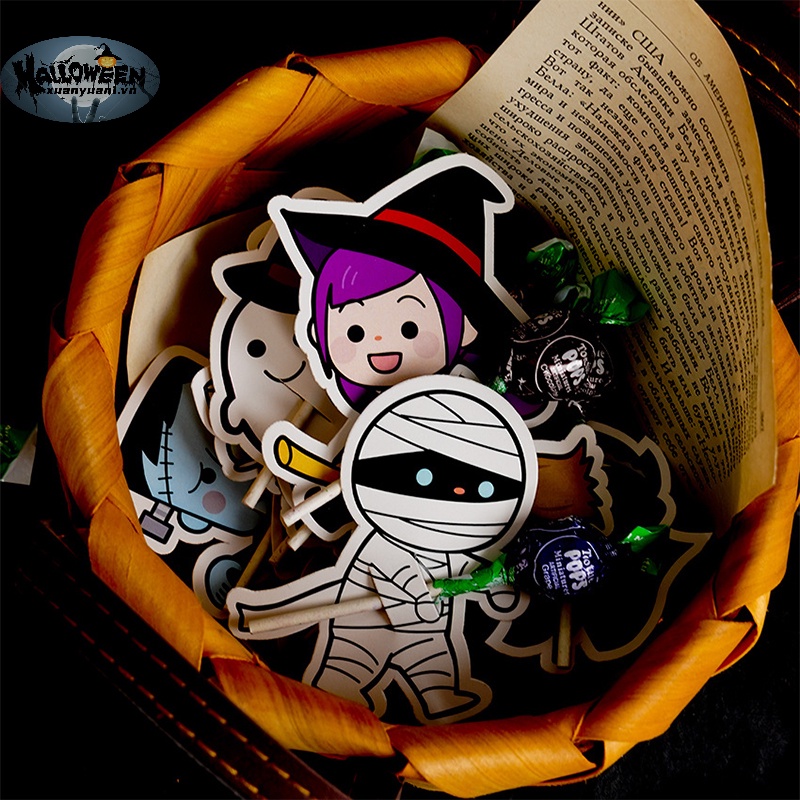 Set 50 Thẻ Hình Kẹo Mút / Bí Ngô / Đầu Lâu / Quái Vật Trang Trí Tiệc halloween vn
