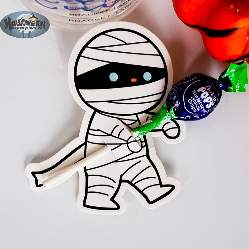 Set 50 Thẻ Hình Kẹo Mút / Bí Ngô / Đầu Lâu / Quái Vật Trang Trí Tiệc halloween vn