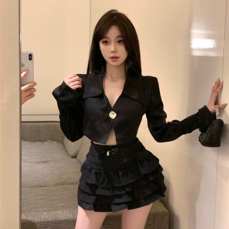 Bộ Áo Sơ Mi Tay Dài + Chân Váy Ngắn Lưng Cao Thời Trang Quyến Rũ Cho Nữ