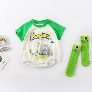 Bộ Áo Liền Quần Bằng cotton Tay Ngắn + Vớ In Hình Quái Vật Nhỏ Phong Cách Hàn Quốc Thời Trang Mùa Hè Cho Bé Trai / Gái 0-18 Tháng Tuổi