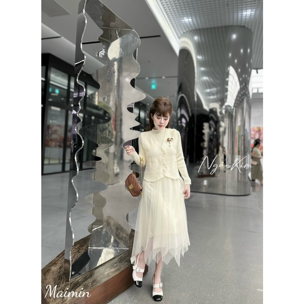 Set váy len chân voan áo gile hoa nhỏ hàng QC